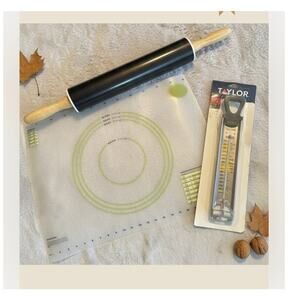 Thanksgiving Kitchen Necessities Thermometer Pastry Mat Rolling Pin Pumpkin Pie